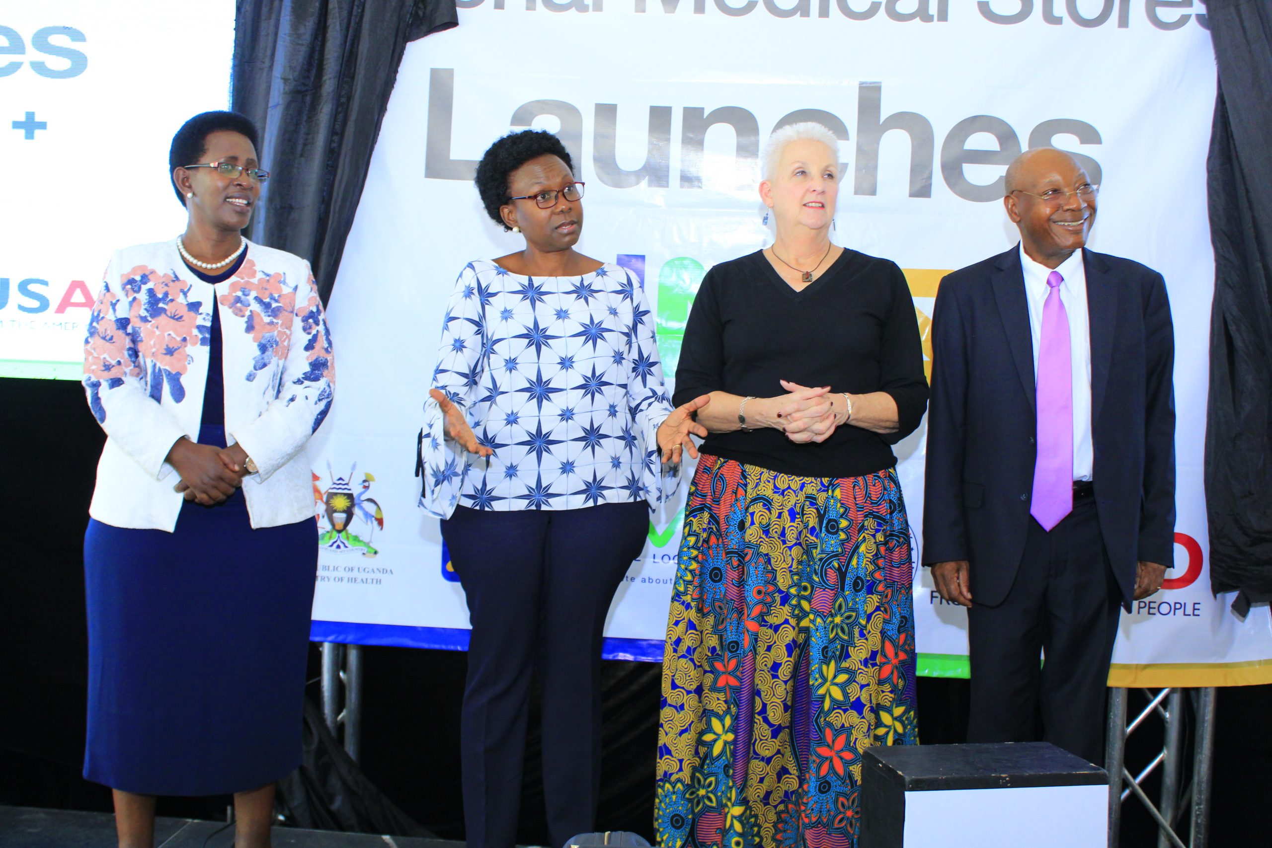 NMSPLUS LAUNCH Hon Minster of Health Dr Jane Ruth Aceng Ambassador Deborah Malac P S MOH Dr Diana Atwine Chairman NMS Board Dr Jotham Musinguzi at NMSPlus launch.
